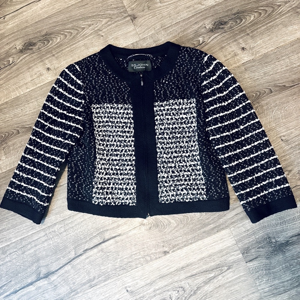 St John Couture - Black and White Textured Blazer with Stripes - Picture 1 of 10